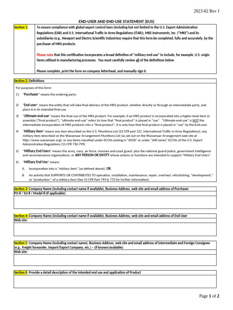 MKS Export Control Compliance Form | PDF