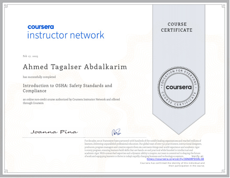 OSHA Course Completion Certificate | PDF