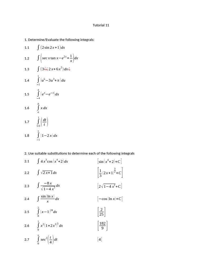 Integral Calculus Tutorial Exercises | PDF
