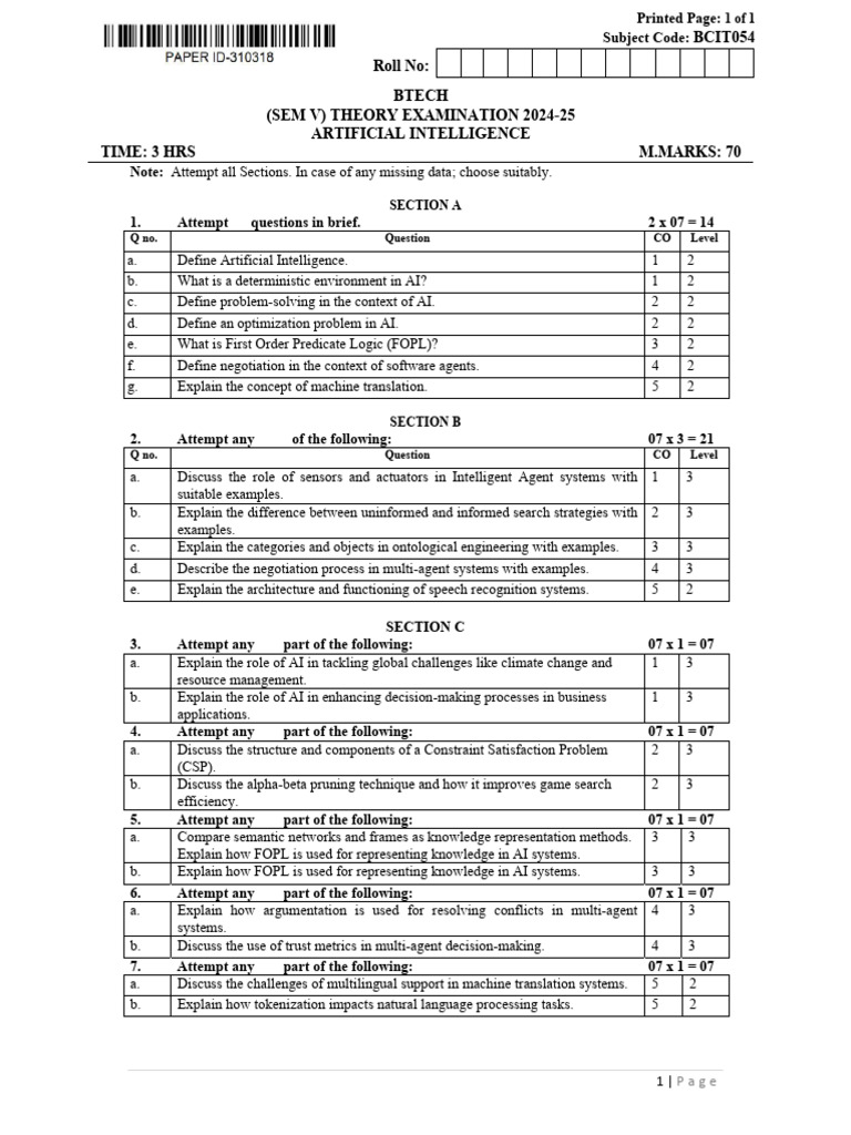 Btech Cit 5 Sem Artificial Intelligence Bcit054 Jan 2025 | PDF ...