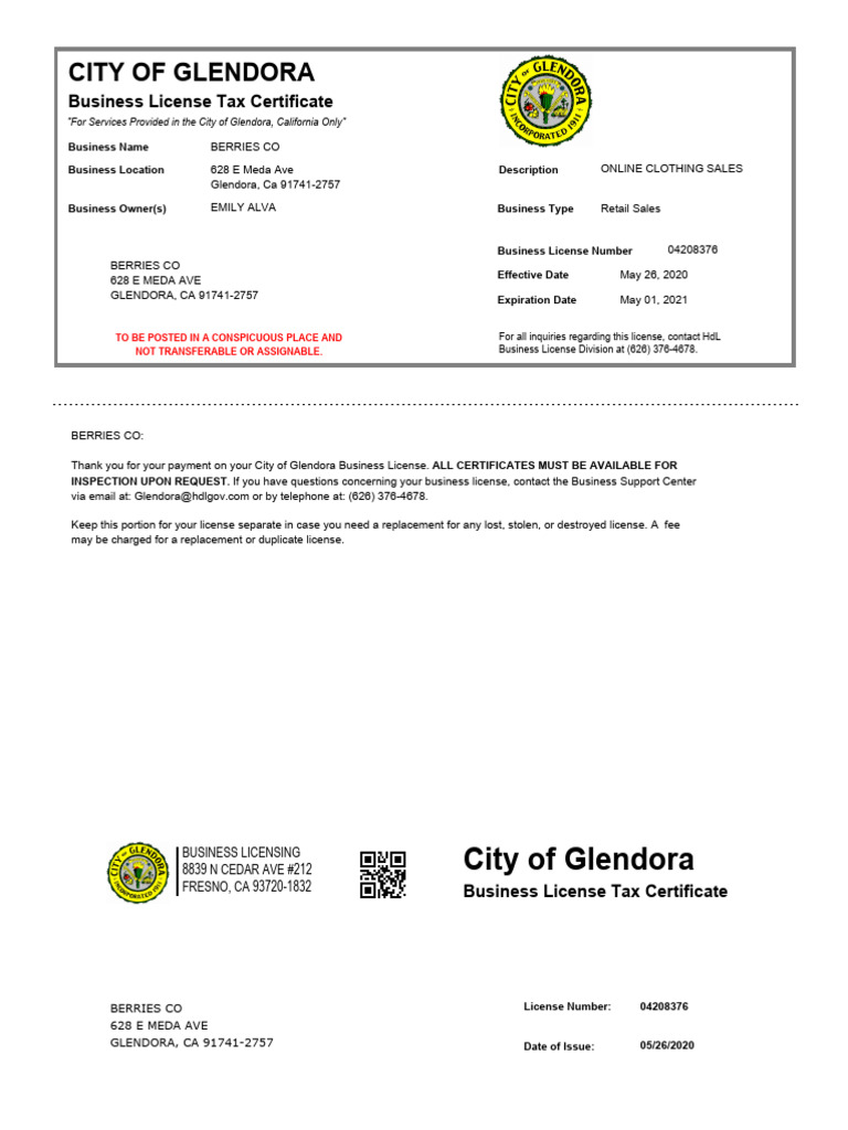 Glendora Business License for Berries Co | PDF