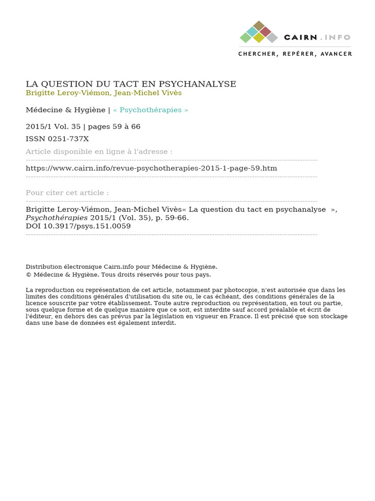 Tact en psychanalyse : enjeux cliniques | PDF | Psychanalyse | Sigmund ...