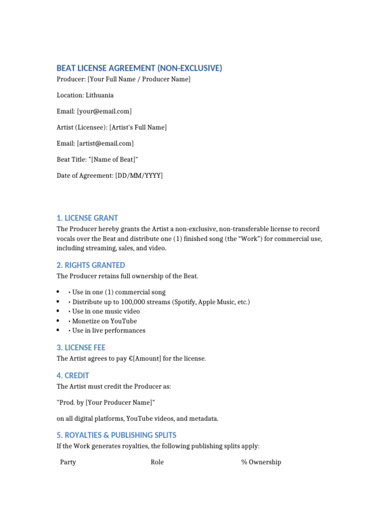 Non-Exclusive Beat License Agreement | PDF