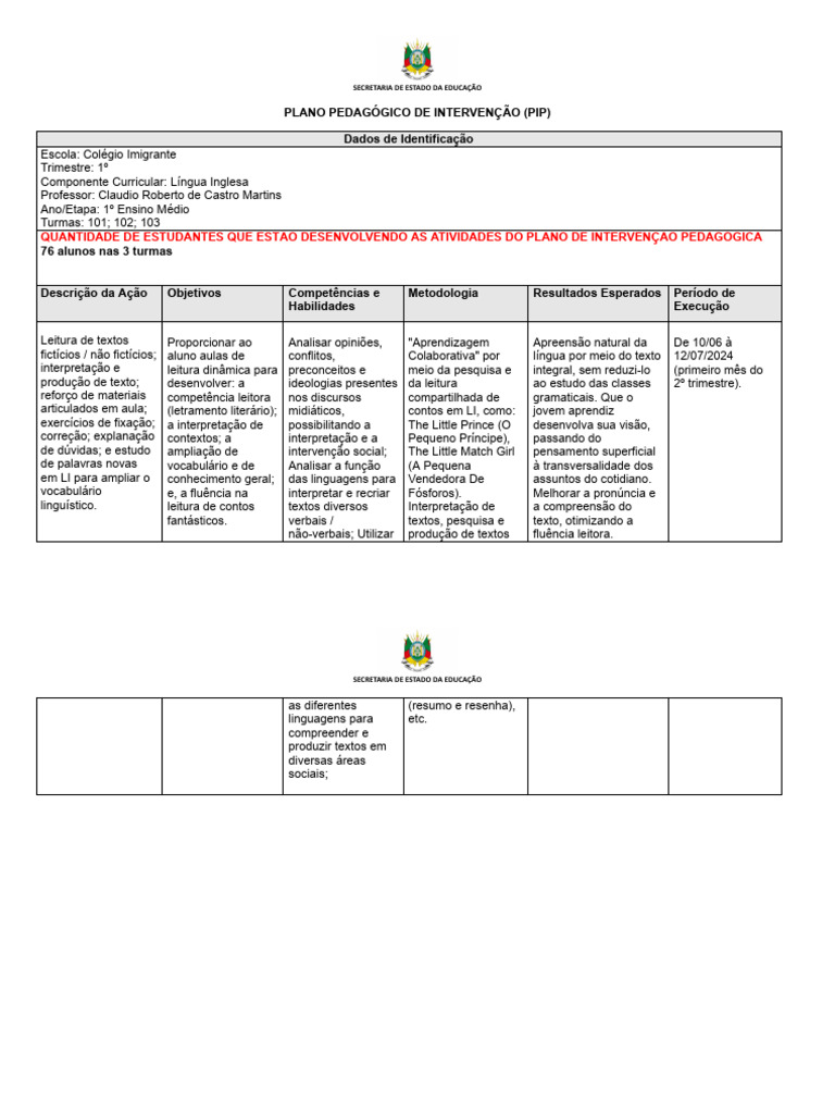 Claudio Plano Intervenção Inglês 1ano EM | PDF | Pedagogia | Fluência, image size:768x1024