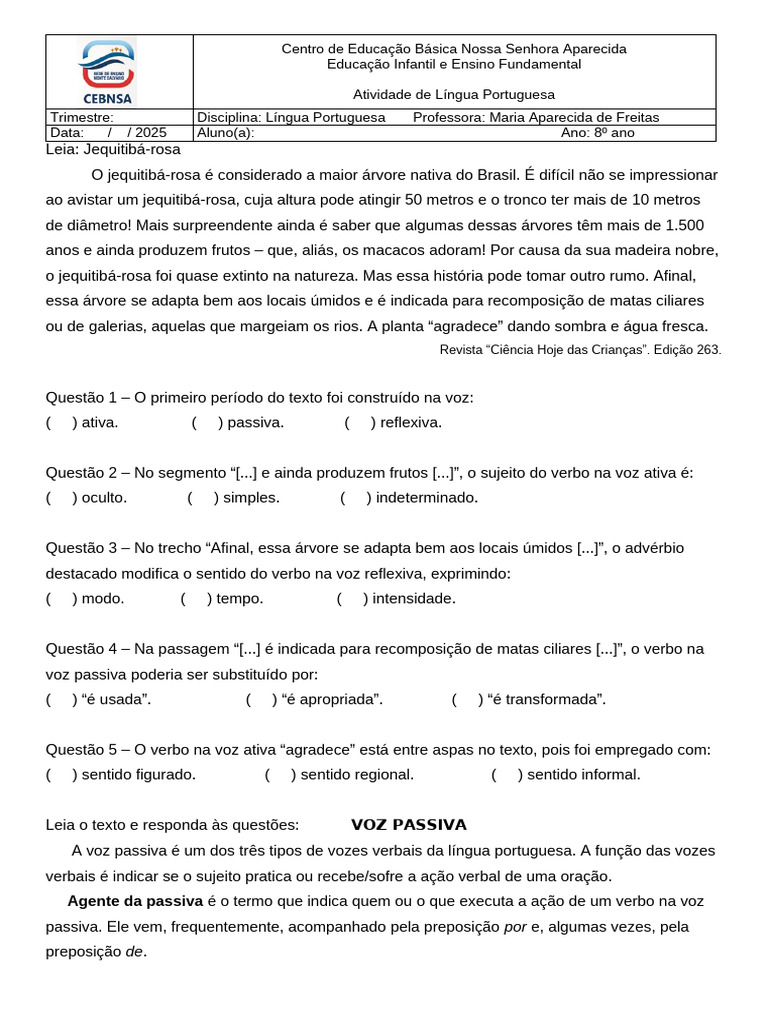 Atividade 8 Ano | PDF | Assunto (gramática) | Linguística