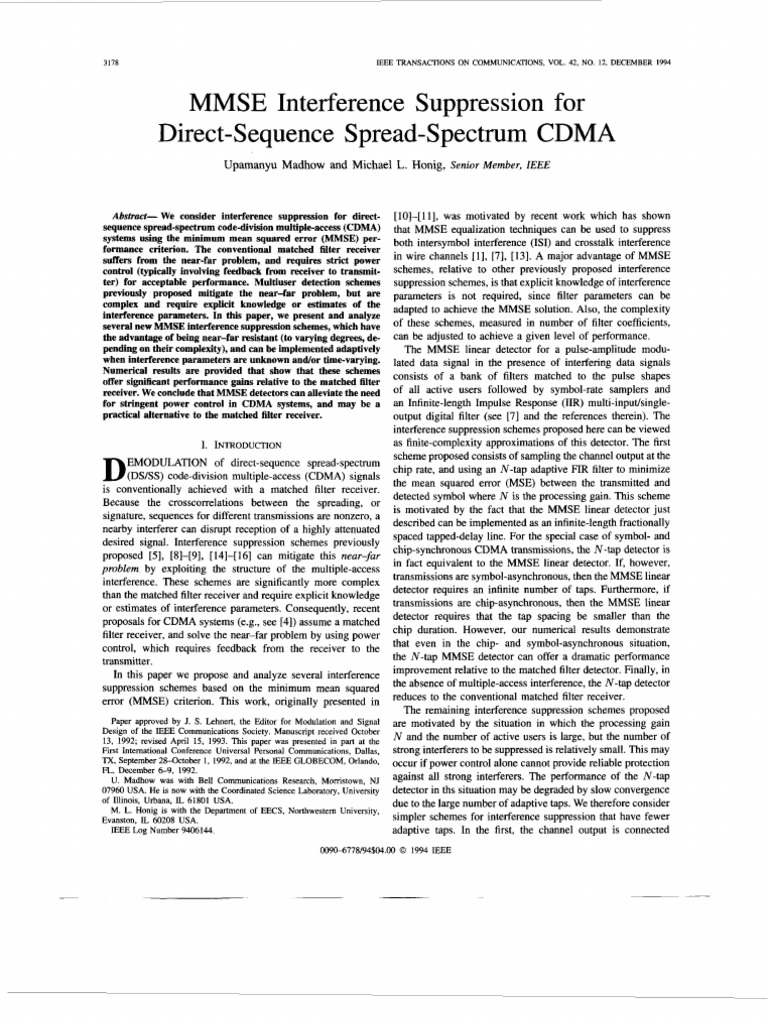 MMSE Interference Suppression in CDMA | PDF | Code Division Multiple ...