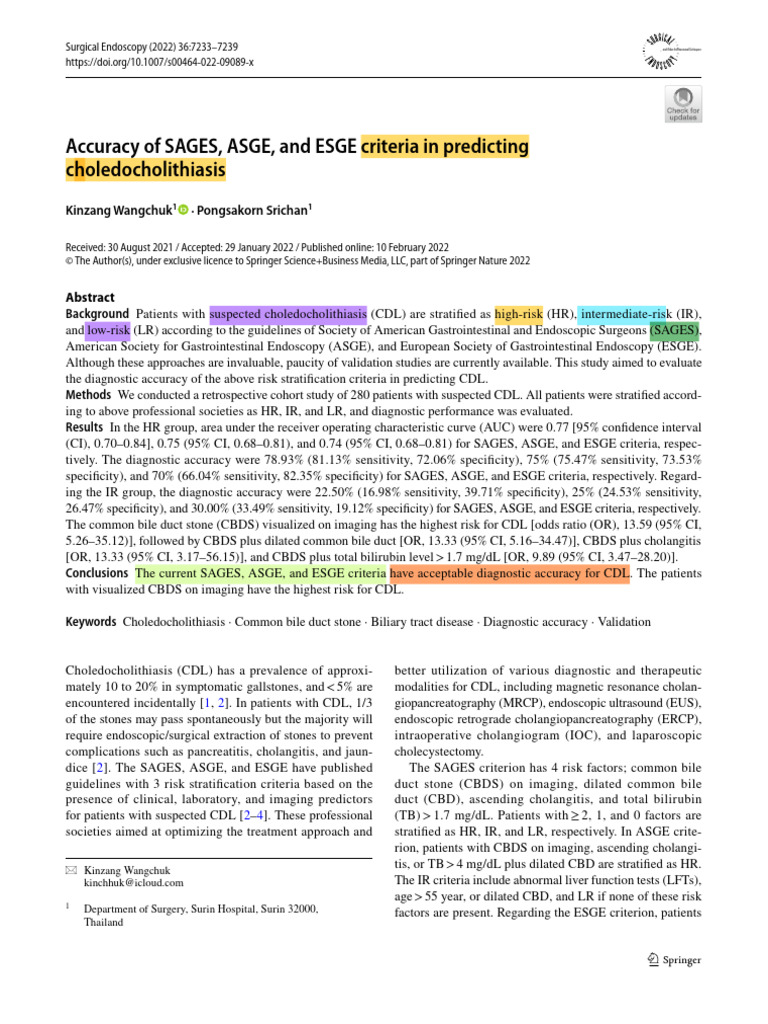 Coledocolitiasis. Accuracy-of-SAGES-ASGE-and-ESGE Criterios Scores. | PDF