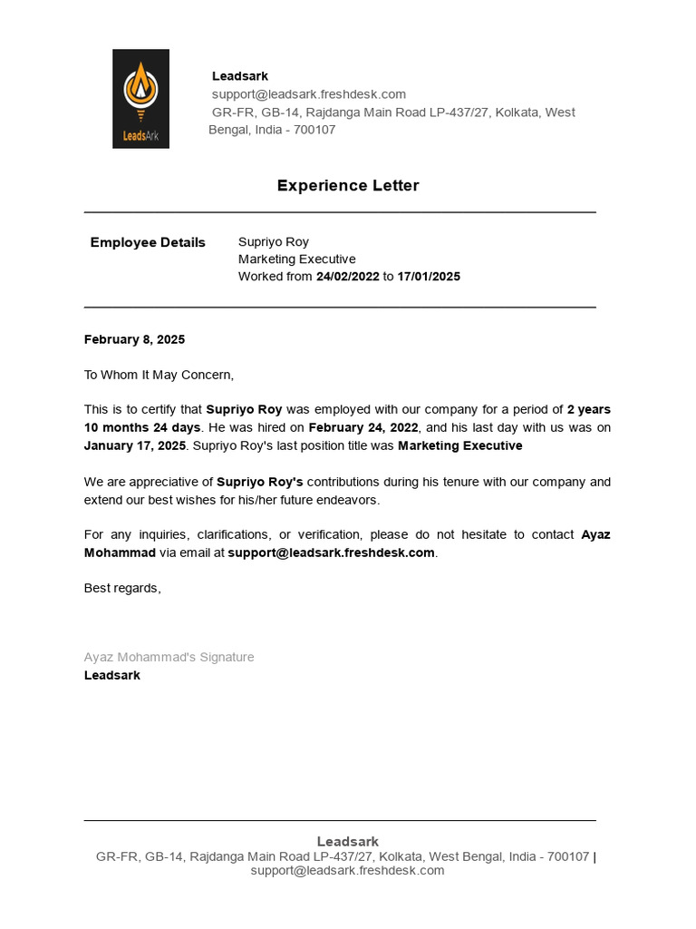 Experience Letter for Supriyo Roy | PDF