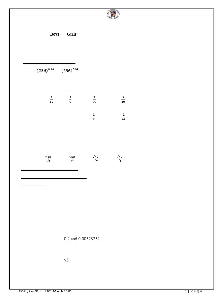 CH1 Numbersystemworksheetclass9 | PDF | Numbers | Rational Number
