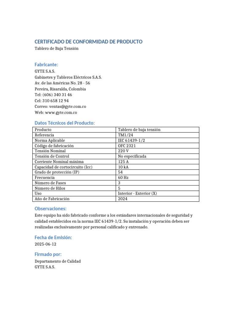 Certificado de Conformidad GYTE 2024 | PDF