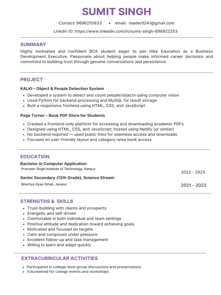 BCA Student Resume for Business Development | PDF