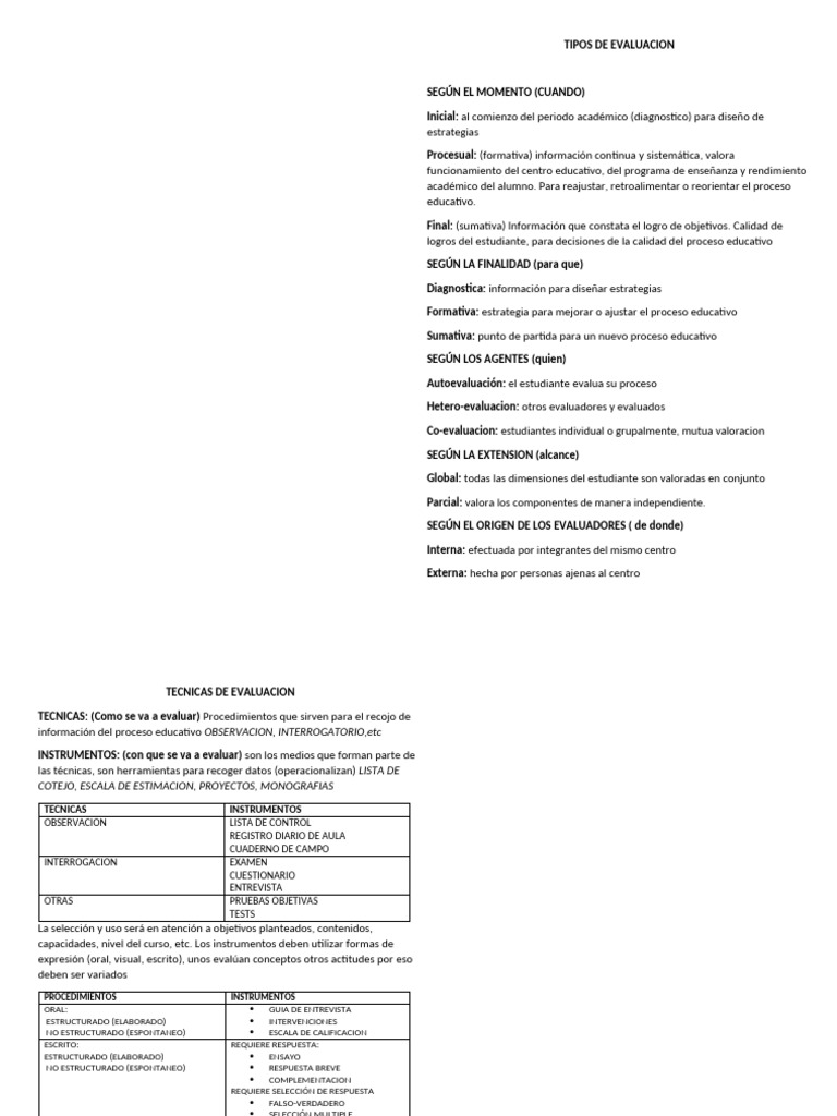 Tipos y Técnicas de Evaluación Educativa | PDF | Evaluación | Cognición