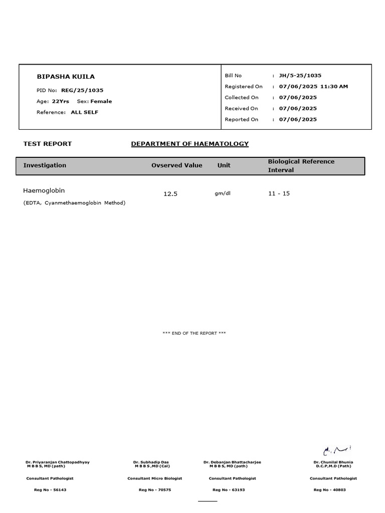 Haemoglobin Test Report Summary | PDF