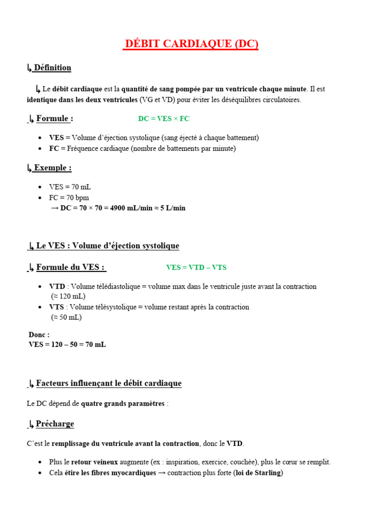 Formules du Débit Cardiaque et VES | PDF | Cœur | Vaisseau sanguin