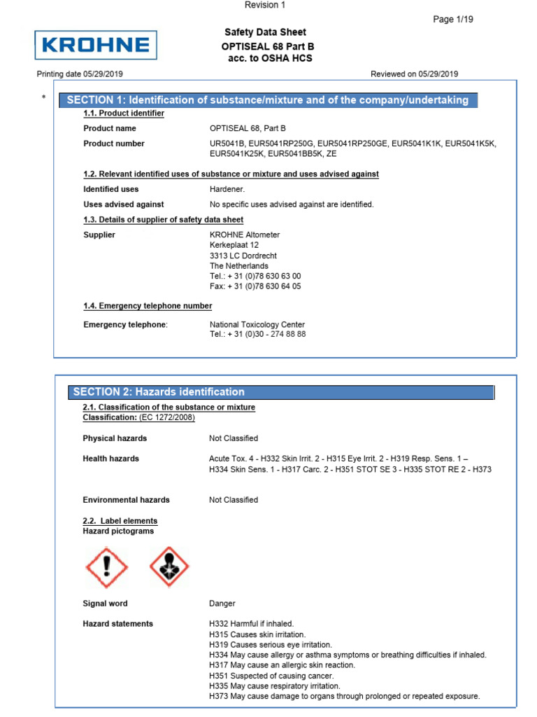 OPTISEAL 68 Part B Safety Data Sheet | PDF | Toxicity | Personal ...