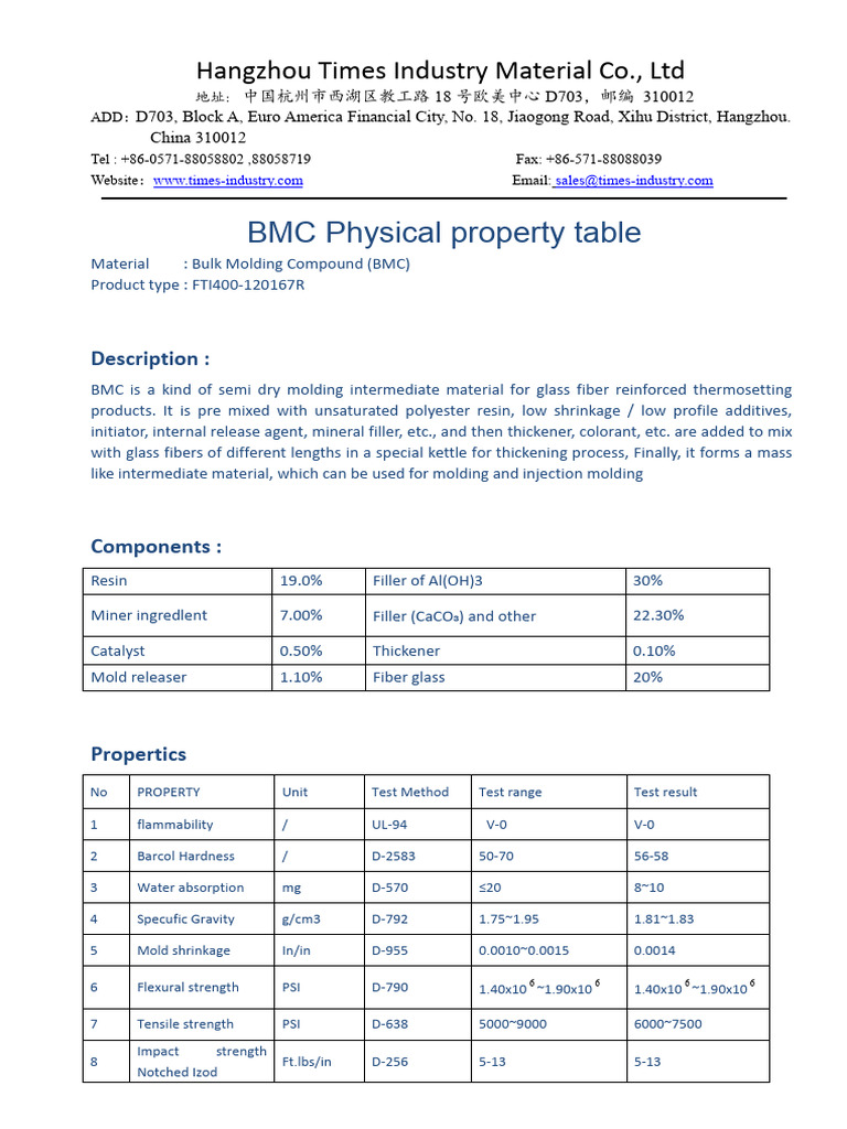 BMC Material Properties and Data Sheet | PDF | Fiberglass | Mechanical ...