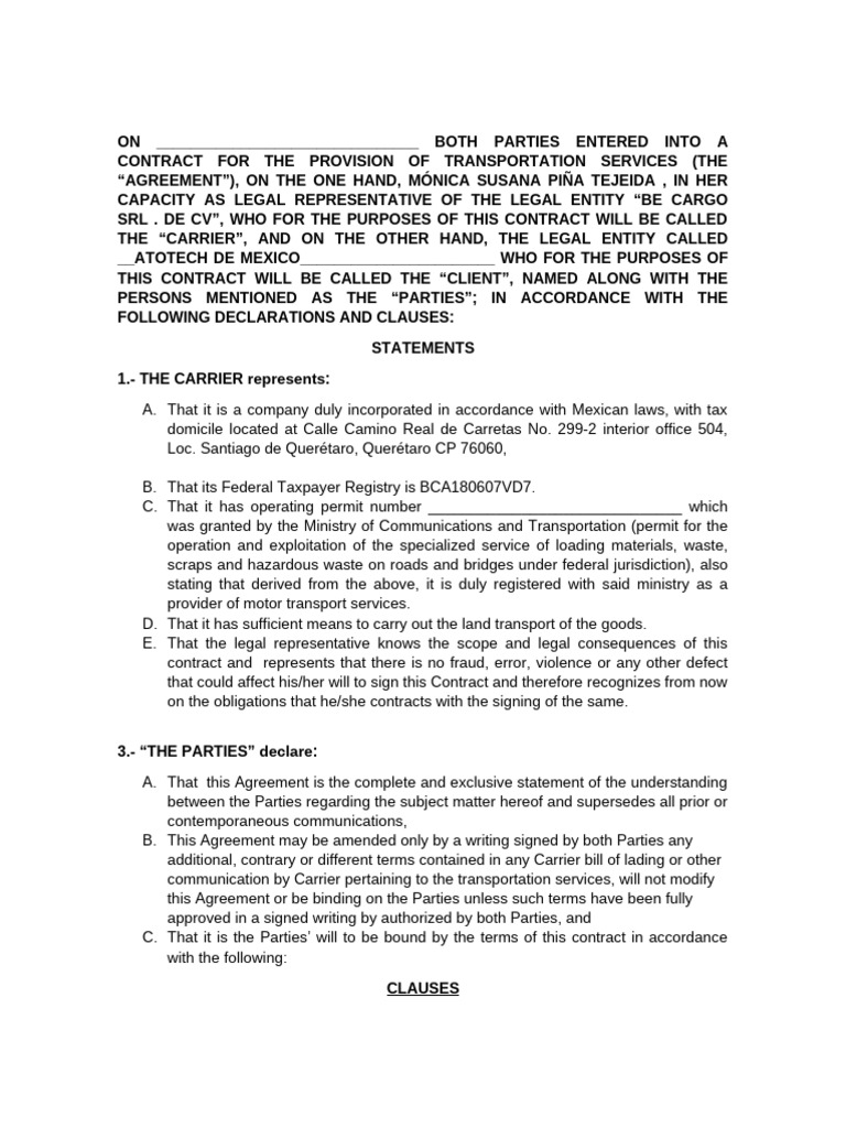 Transportation Services Agreement Overview | PDF | Indemnity | Non ...