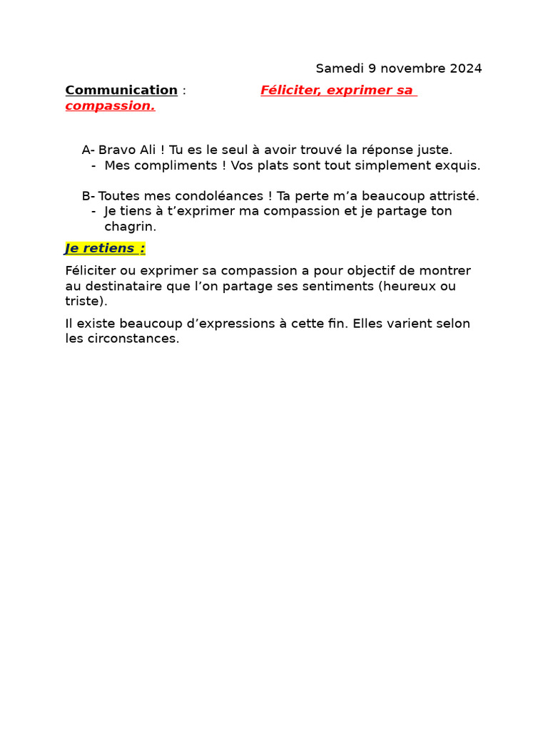 Exprimer sa compassion et ses félicitations | PDF