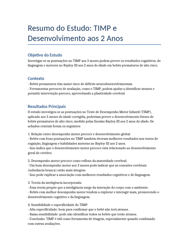 TIMP e Desenvolvimento em Bebês Prematuros | PDF | Cérebro | Cognição