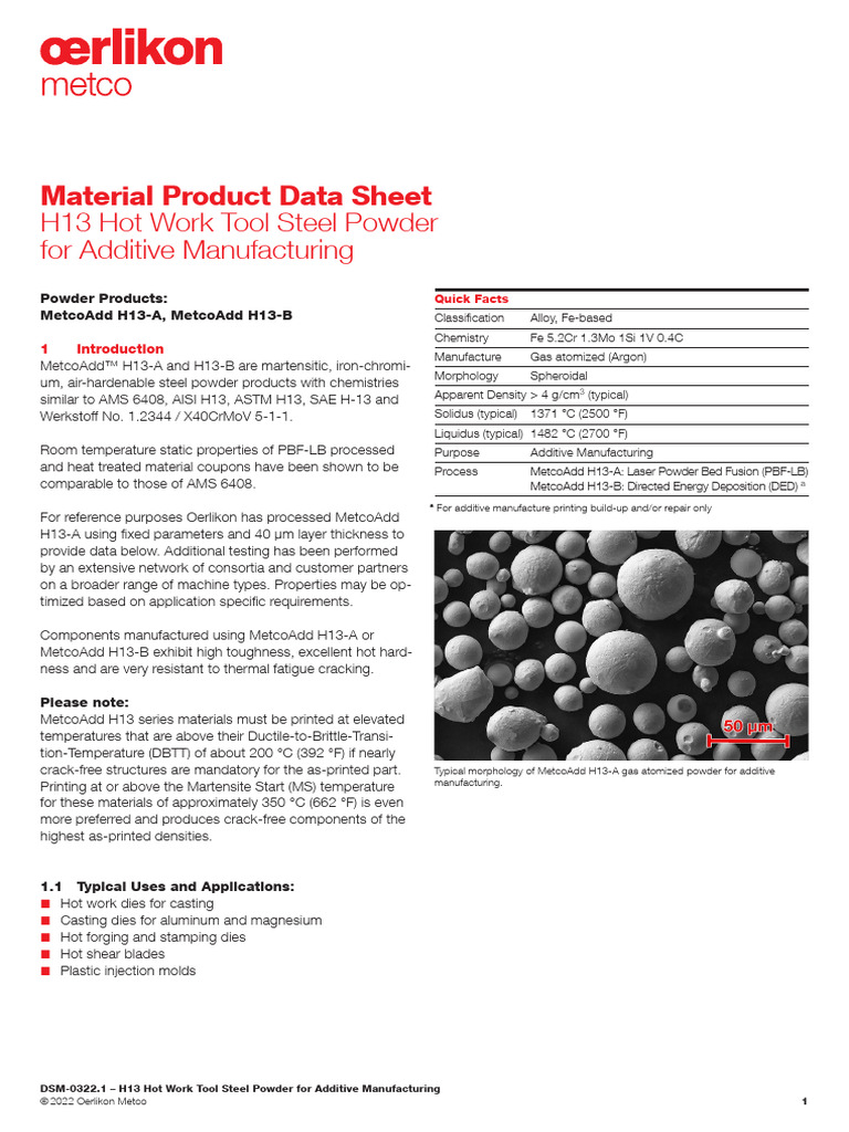 H13 Tool Steel Powder for AM Applications | PDF | 3 D Printing | Steel