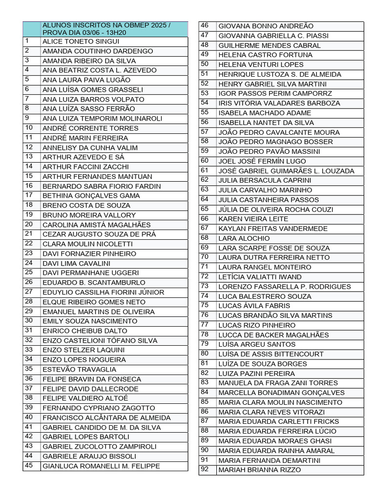 Alunos Inscritos na OBMEP 2025 | PDF