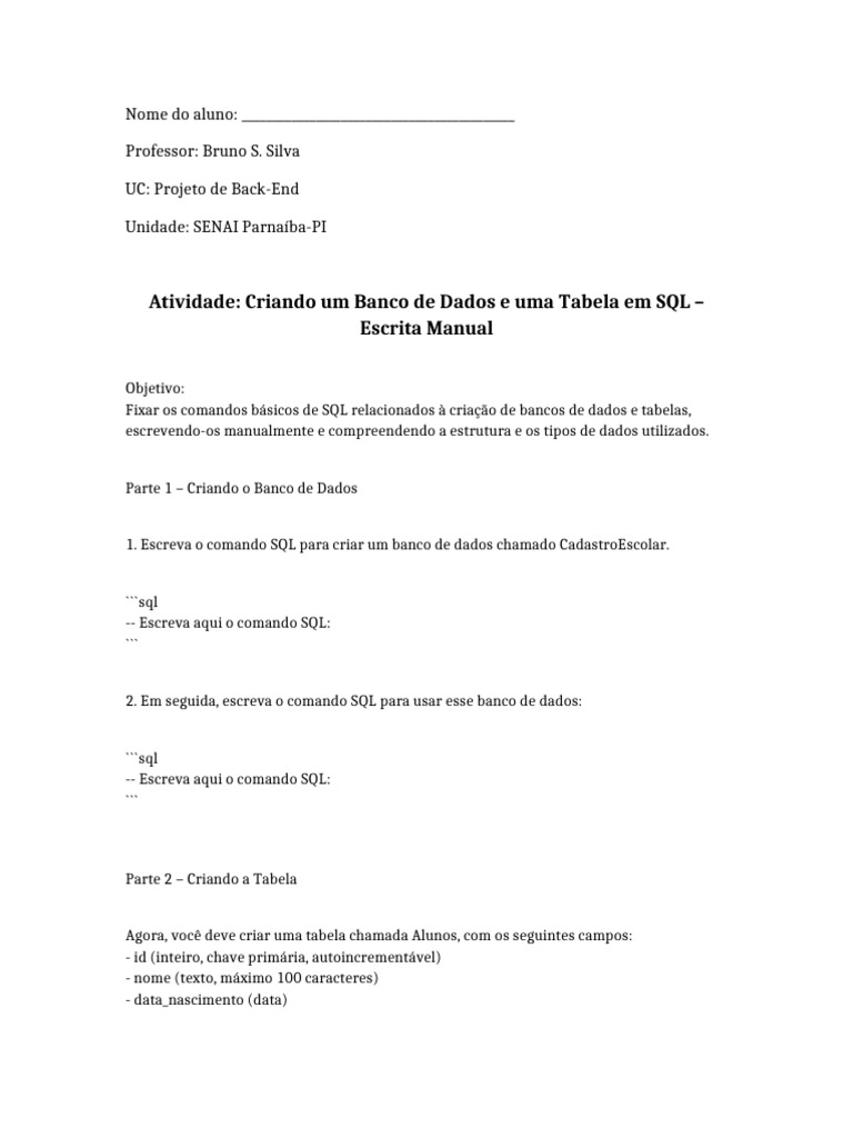 Criando Banco de Dados e Tabela em SQL | PDF