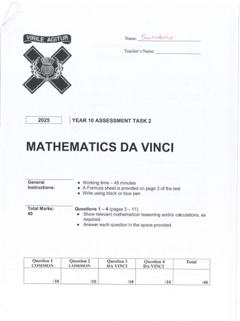 2025 Y10 AT2 Mathematics Da Vinci Final Solutions | PDF