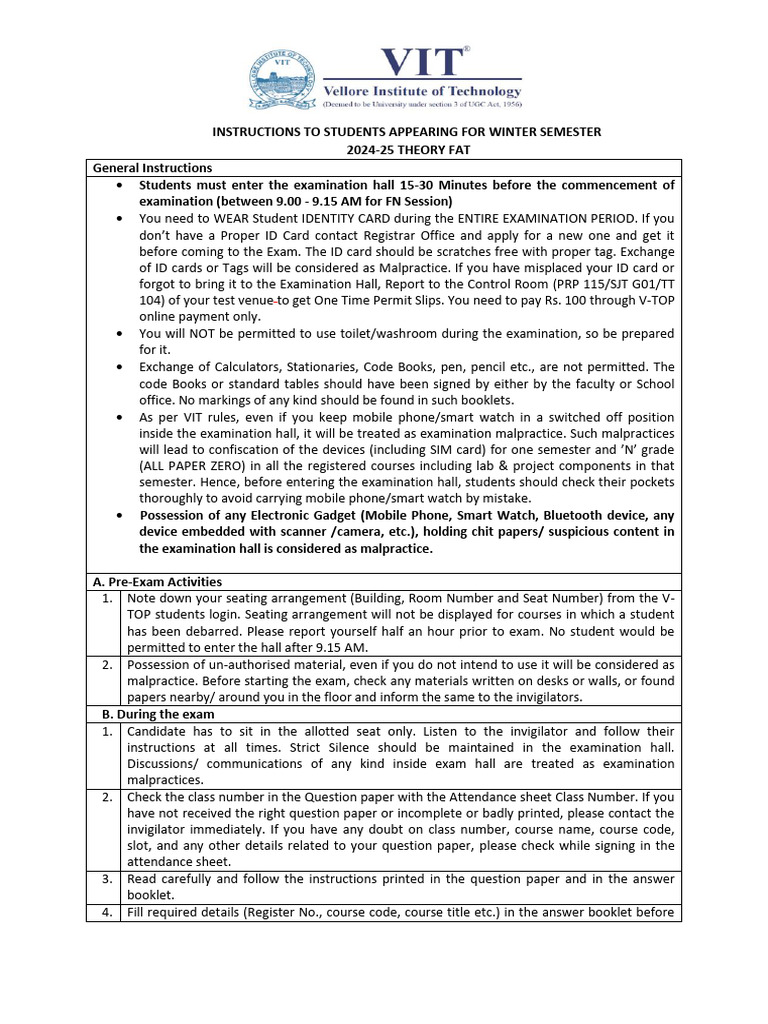 Instructions To Students 2025 | PDF