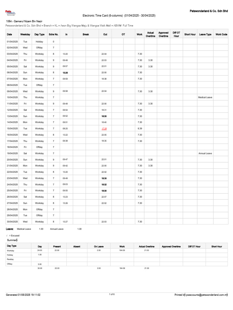 April 2025 Time Card Summary | PDF | Working Conditions | Private Law