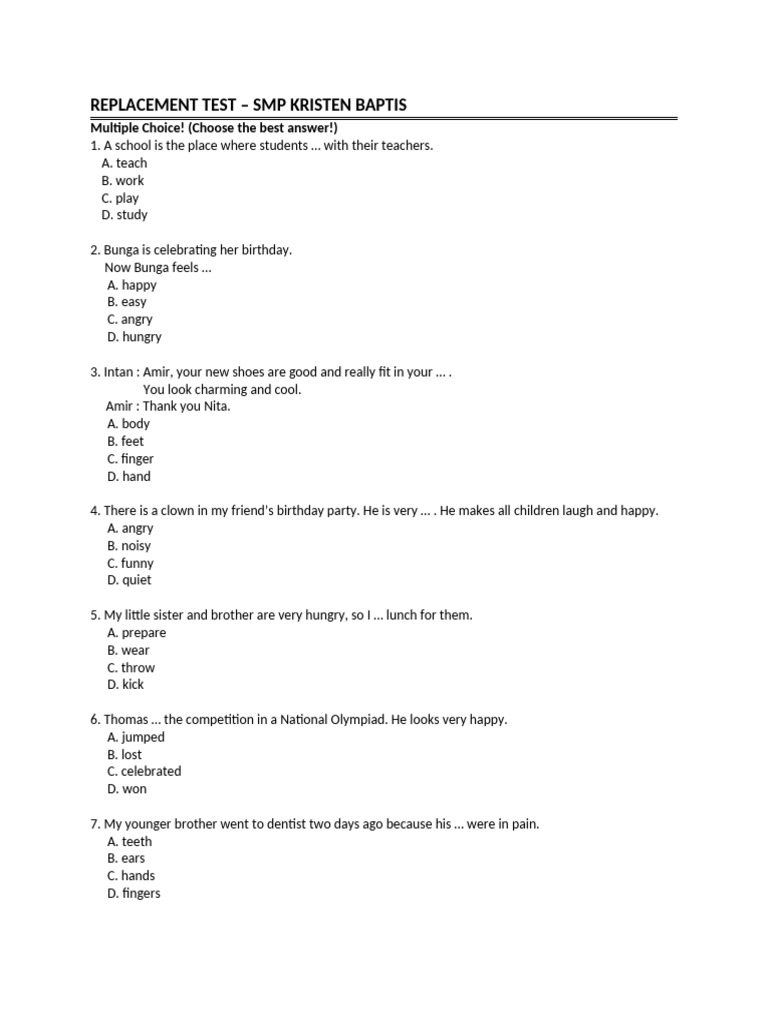SMP Kristen Baptis Replacement Test | PDF