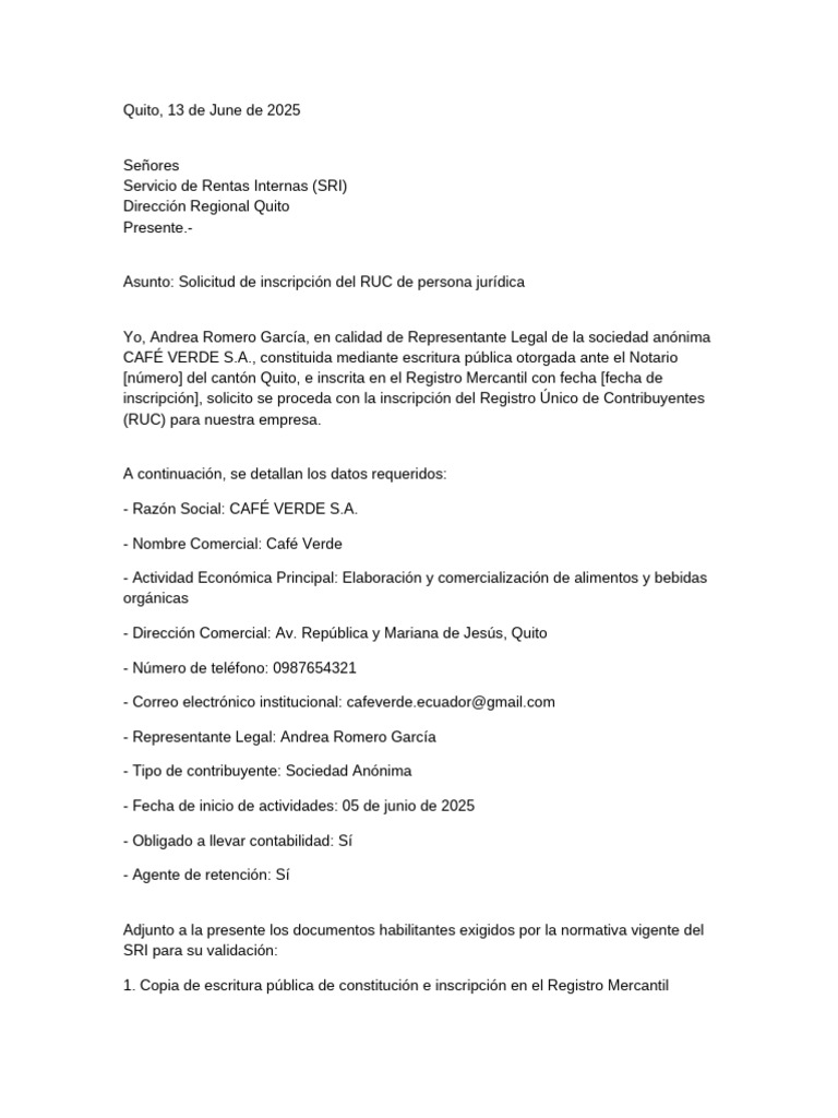 Solicitud de RUC para CAFÉ VERDE S.A. | PDF