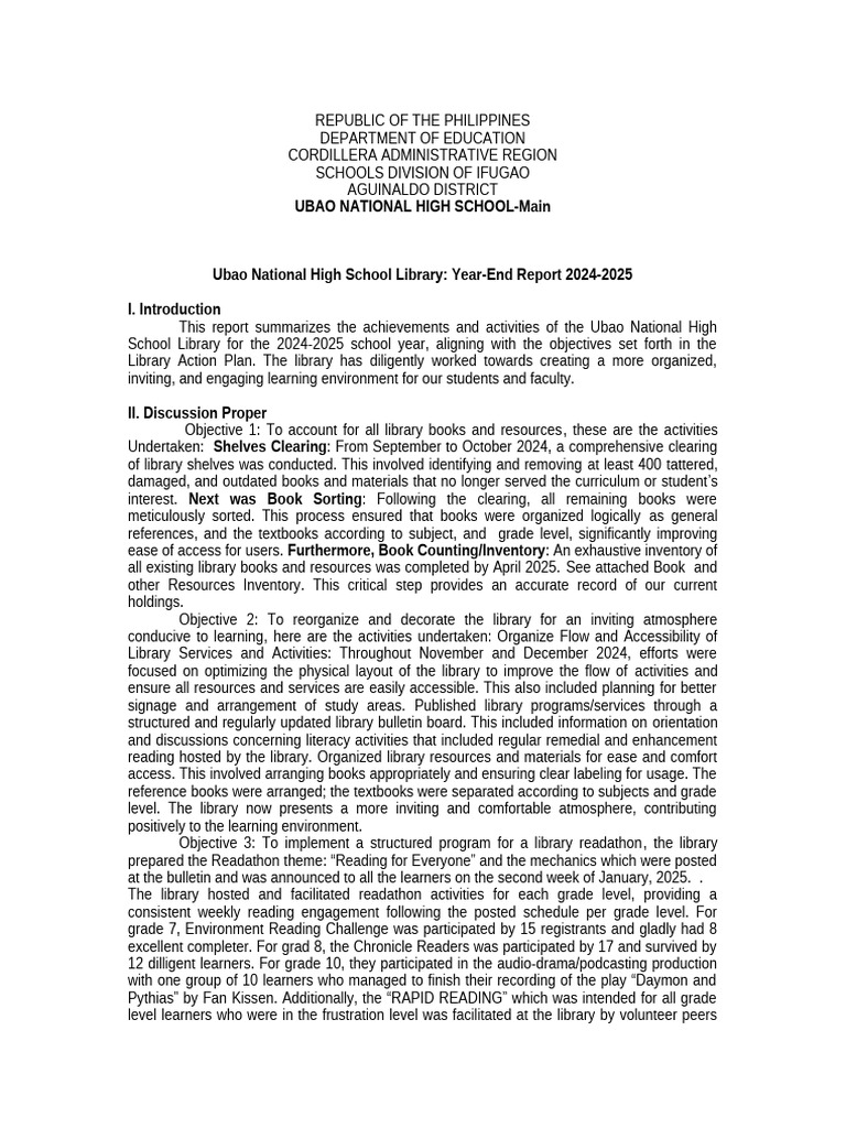 Ubao National High School Library Report 2024-2025 | PDF | Libraries ...