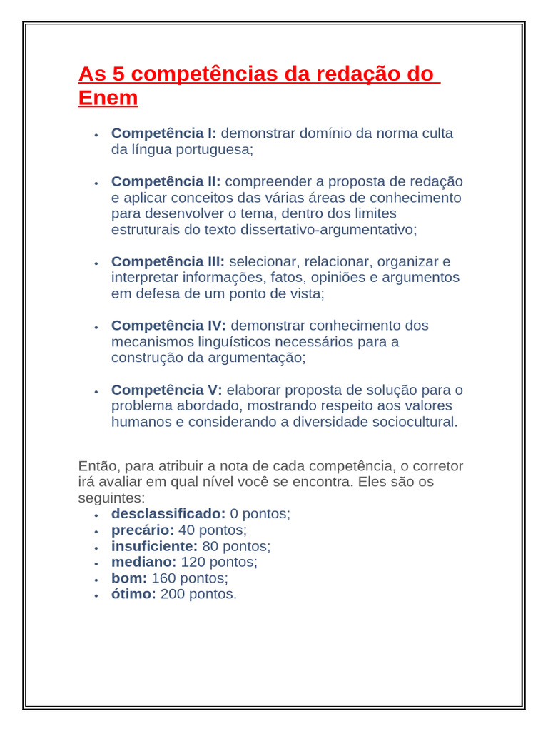As 5 Competências Da Redação Do Enem | PDF
