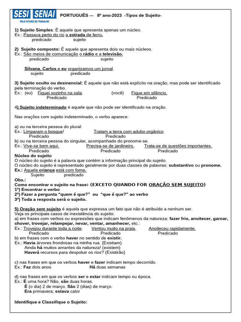 Tipos de Sujeito na Língua Portuguesa | PDF | Assunto (gramática ...