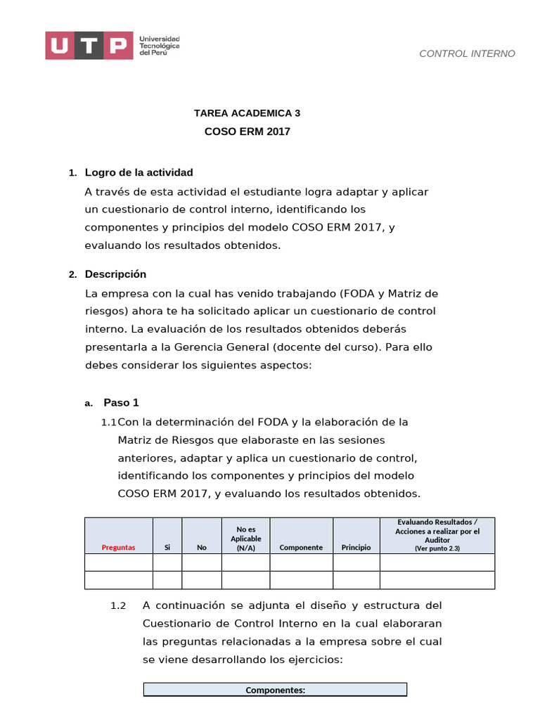 Cuestionario Control Interno COSO ERM 2017 | PDF | Análisis FODA
