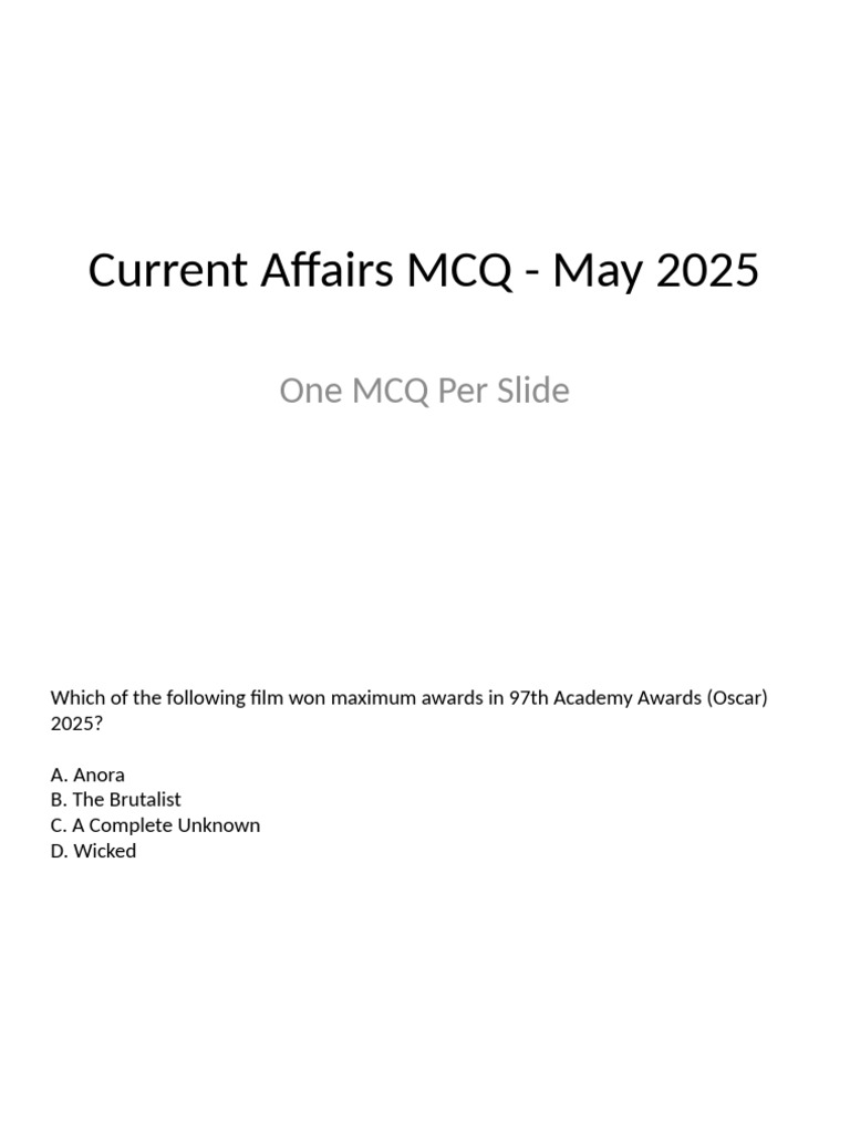Current Affairs MCQ May 2025 One Per Slide | PDF
