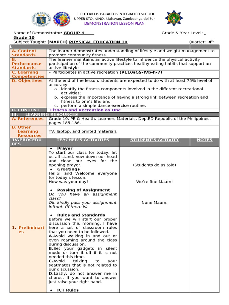Grade 10 MAPEH PE Lesson Plan | PDF | Physical Fitness | Endurance