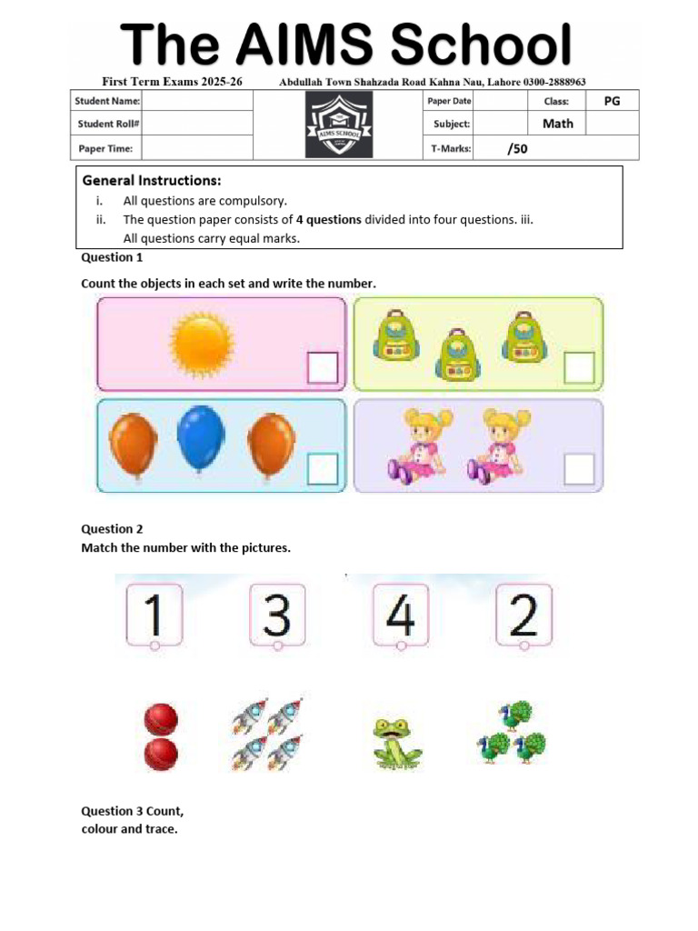 Maths Question Paper for Play Group | PDF