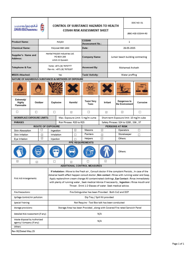 COSHH Risk Assessment for Polycoat RBE 1000 | PDF | Toxicity ...