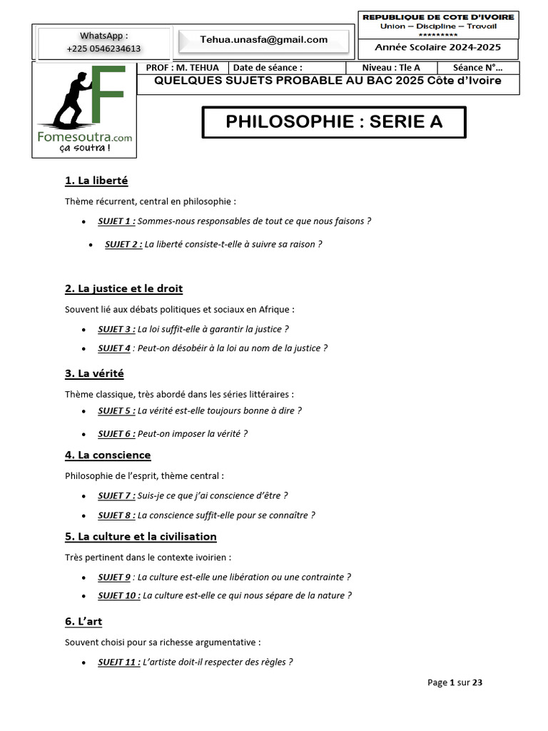 Sujets probables bac philo 2025 Côte d'Ivoire | PDF | Vérité | Liberté