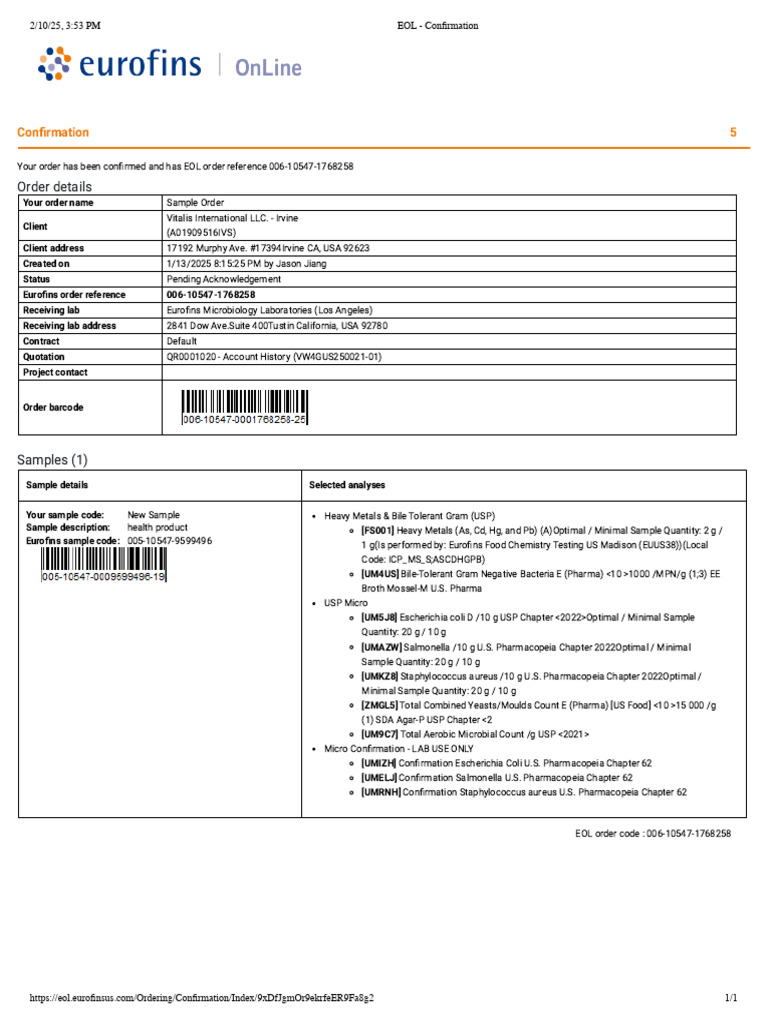 EOL Order Confirmation for Vitalis Irvine | PDF | Bacteria | Biology