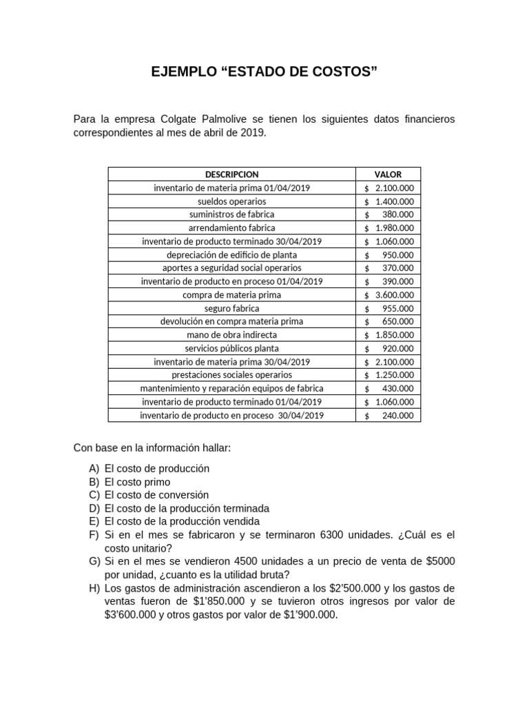 Ejemplo Estado de Costos | PDF