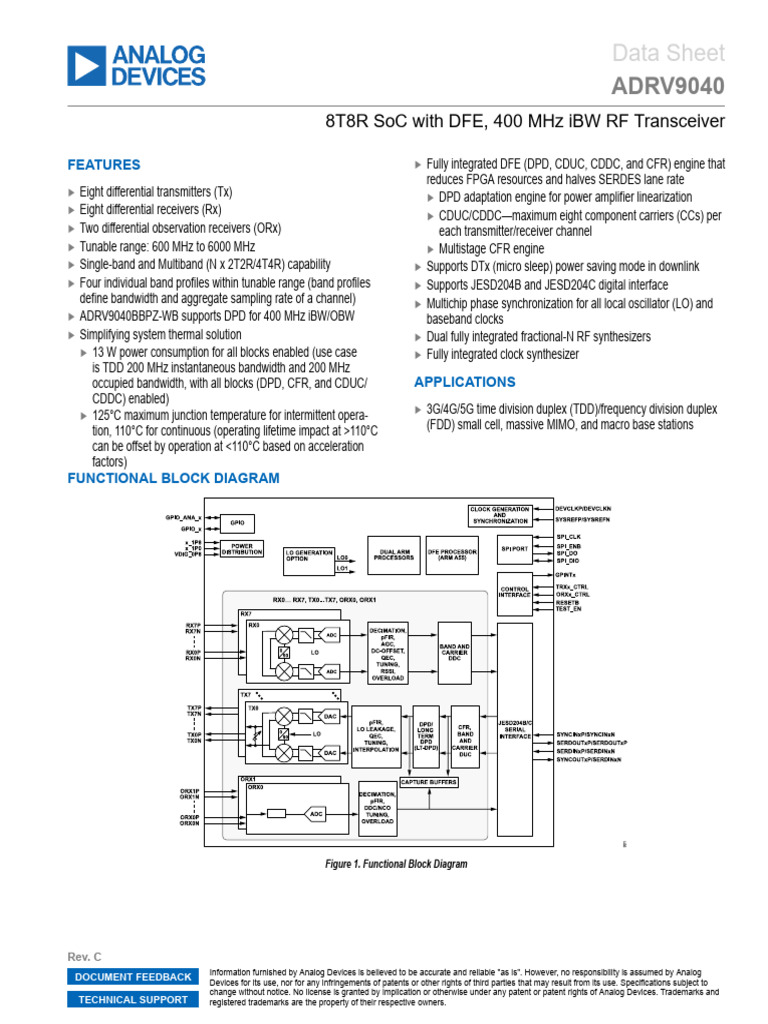 ADRV9040: 8T8R RF Transceiver SoC | PDF | Bandwidth (Signal Processing ...