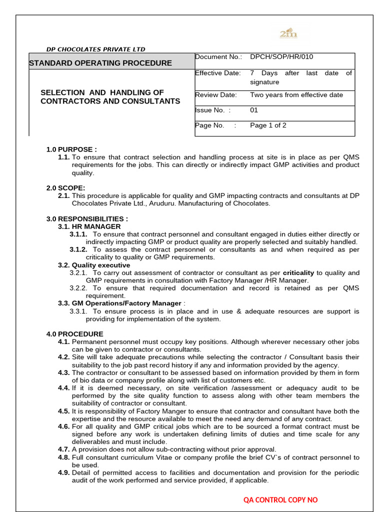SOP 10 Selection of Handling Contractors and Consultants | PDF ...