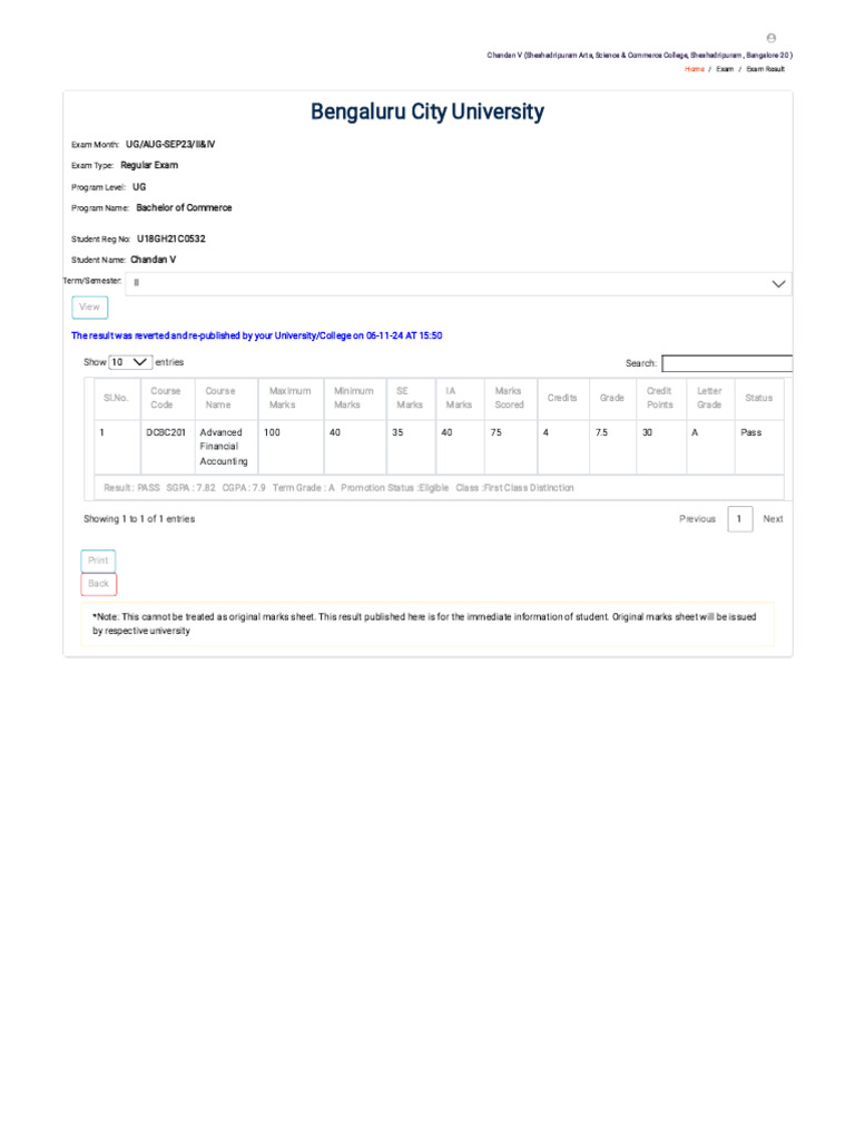 B.Com Exam Result for Chandan V | PDF
