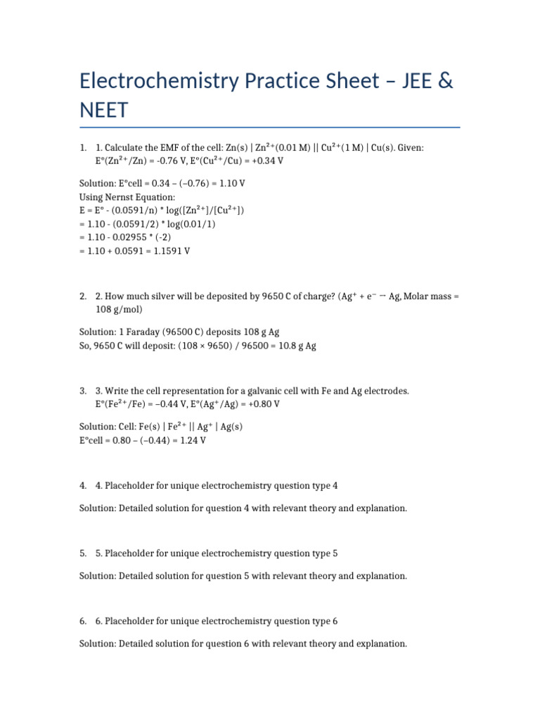 NEET & JEE Electrochemistry Practice | PDF | Physical Sciences ...