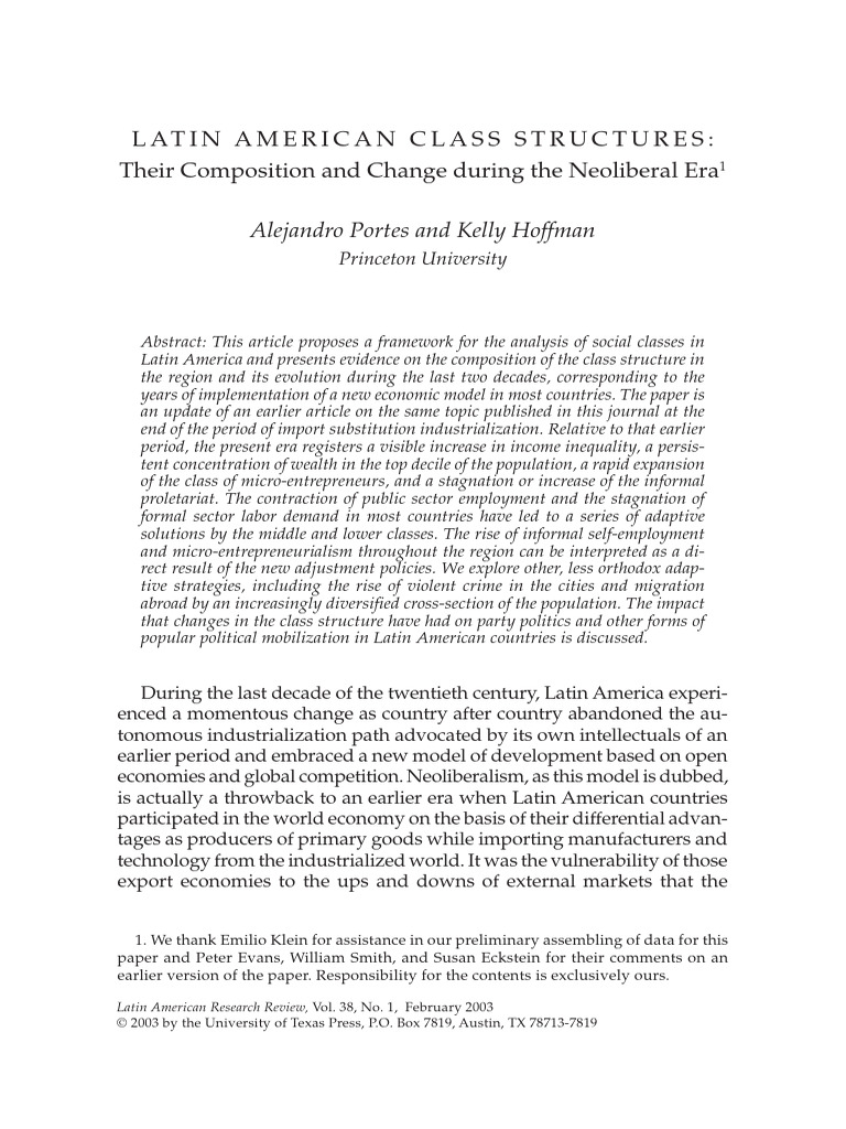 Latin American Class Structures. by Alejandro Portes and Kelly Hoffman ...