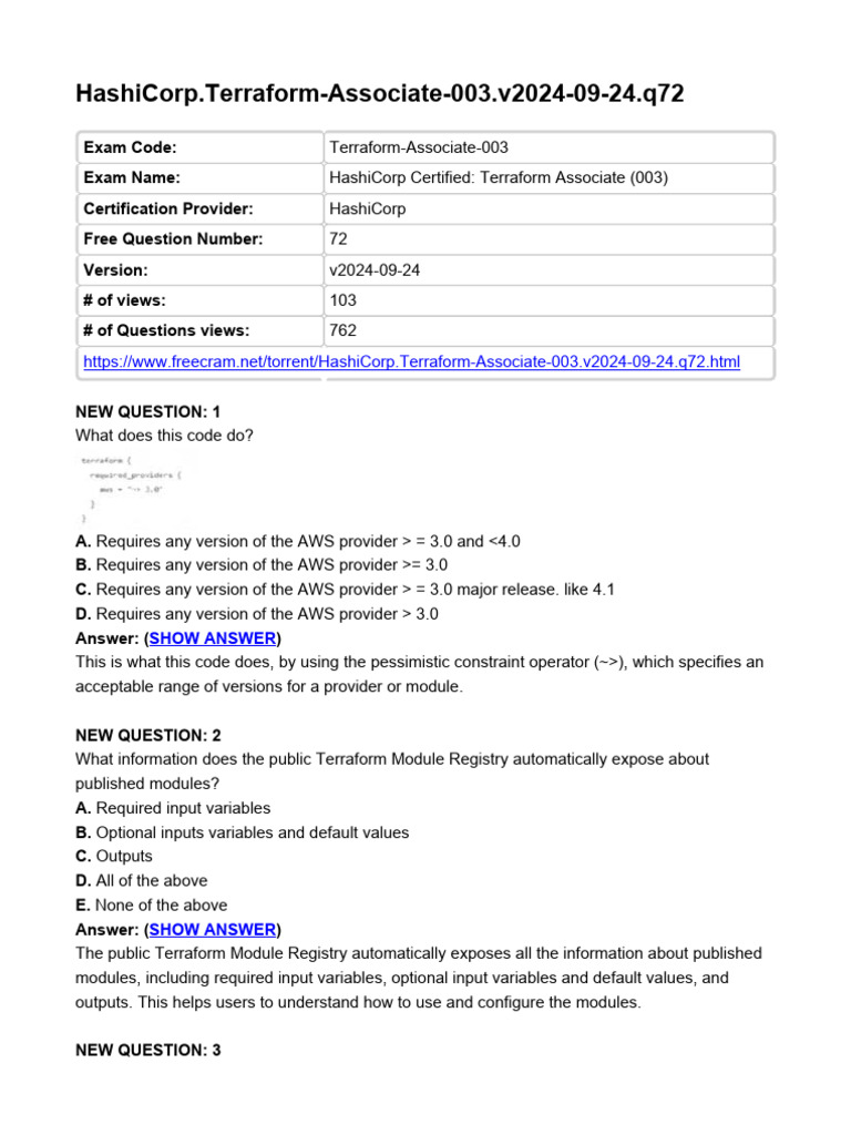 HashiCorp - Terraform Associate 003.v2024!09!24.q72 | PDF | Version ...