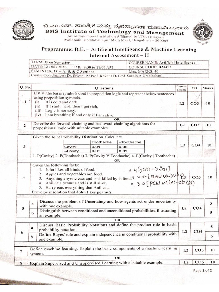 Artificial Intelligence Ia2 BMSIT Question Paper | PDF
