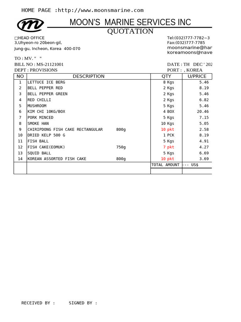Marine Provisions Quotation Details | PDF | Asian Cuisine | Western Cuisine